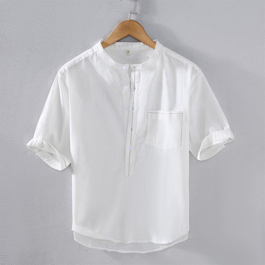 Vintage Stand Collar Linen Shirt - Mid Sleeve