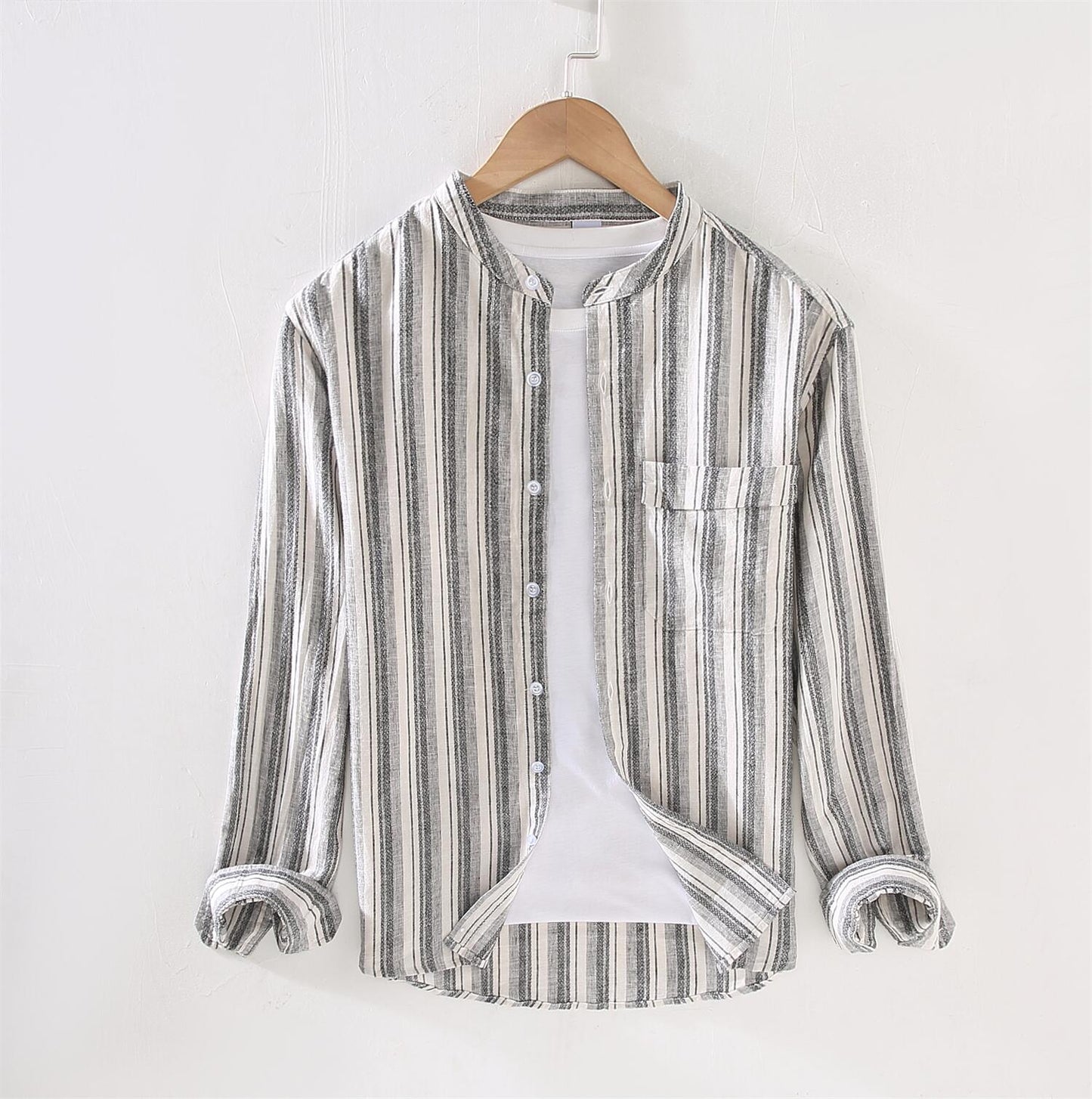 Striped Long Sleeve Shirt - Stand Collar, Slim Fit